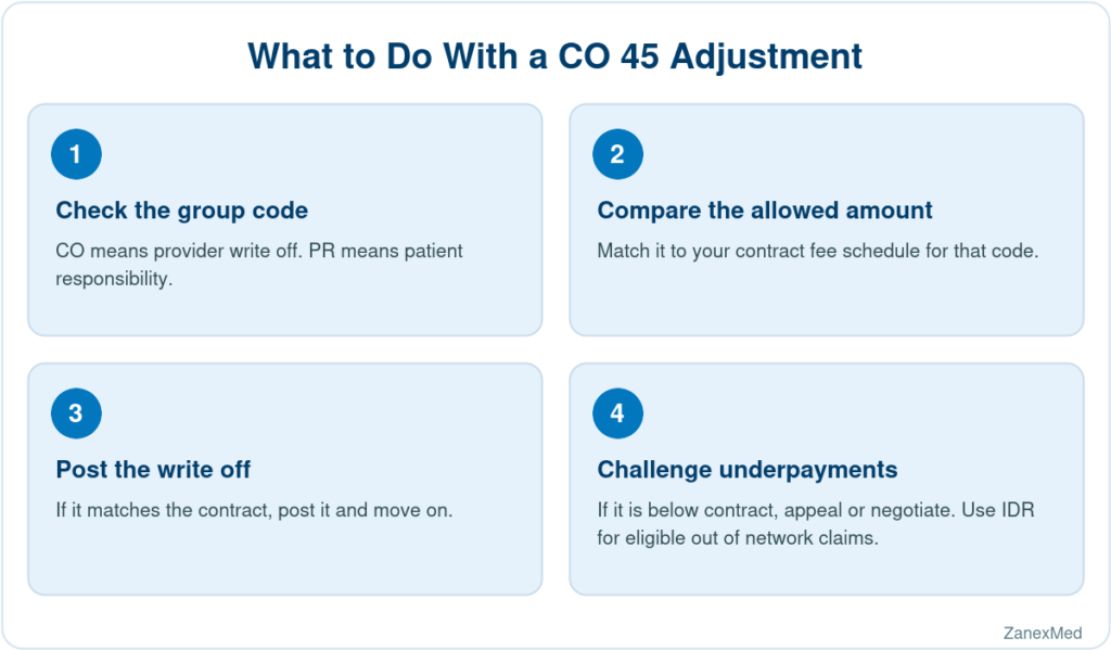 CO 45 denial code decision steps: check the group code, compare the allowed amount, post the write off and challenge underpayments