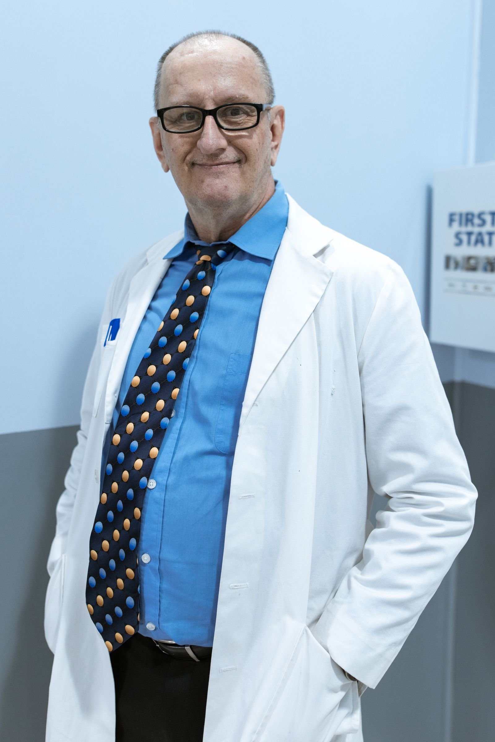 Emergency physician in a white lab coat